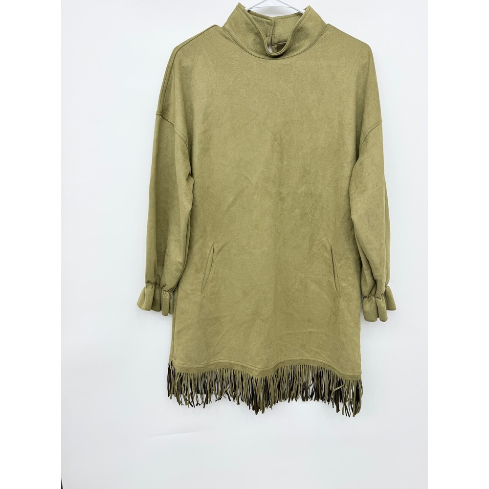 Unbranded Faux Suede Fringe Mini Dress Women Medium Olive Green Western
